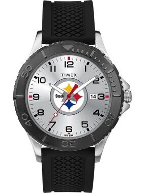 Men Silver Black Rubber Band Analog NFL Gamer Pittsburgh Steelers Luminant Watch